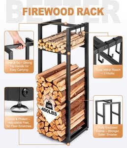 Porte-bûches en métal moderne sur mesure multifonctionnel à deux niveaux avec finition peinte en poudre, crochets et patins faciles à installer - Product Image 3