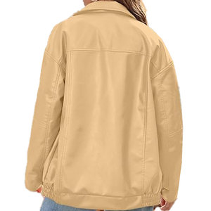 Otoño Invierno Casual Vintage chaqueta de cuero cuello alto cierre de un solo botón Color sólido logotipo frontal lavado técnica cremallera - Product Image 4