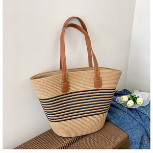 Women's Vintage Zipper Design <b>Straw</b> Shoulder <b>Bag</b> with Leather Handles Fashionable & Portable for Summer & Spring for Beach Use - Product Image 5