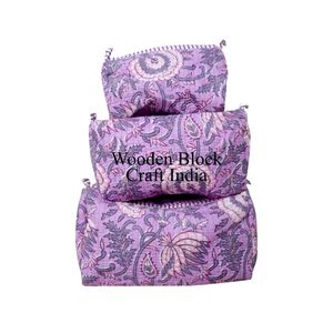 Quilted Hand Block Printed Indian Bohemian Eco-Friendly Zipper Small Makeup <b>Bag</b> for <b>Wash</b> Pouch 3 Pieces Cosmetic Organizer - Product Image 3