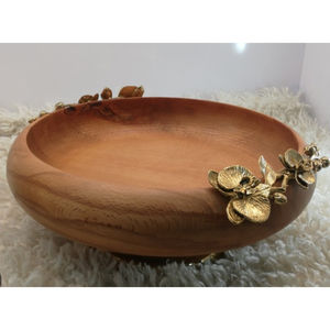 Vintage <b>Salad</b> <b>Serving</b> <b>Bowl</b> Decorative Centerpiece Luxury Brass Flower Accent Wooden <b>Serving</b> <b>Bowl</b> For Homes And Events - Product Image 3