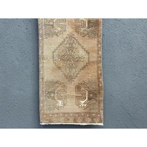 Vintage Small Rug 1.6x3.2 ft (49x97 cm), Turkish <b>Brown</b> Oriental <b>Wool</b> Rug - Product Image 1
