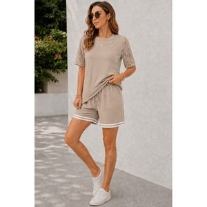 Women'<b>s</b> Short-Sleeved Crew Neck Waffle <b>Blouse</b> <b>and</b> Shorts Two-Piece Set, 34608 - Beige - Product Image 2