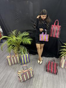 Plastic RPET Eco-Friendly Reusable Zipper Nylon Shopping <b>Bag</b> Striped Handloom Woven Recycled Plastic <b>Beach</b> <b>Bags</b> Made in India - Product Image 4