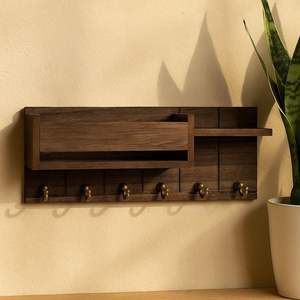 Rustic slat-backed <b>shelf</b> with four key hooks and warm fairy lights. Available at wholesale prices. - Product Image 6