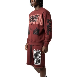 Ensemble sweat-shirt et short pour homme en coton poly French Terry épais, couleur bordeaux, effet délavé, avec logo patch. - Product Image 4