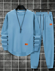 Survêtement décontracté haut de gamme, sweat-shirt à col rond, 100% polyester, tissu tricoté légèrement extensible, respirant, couleur unie, grande taille - Product Image 1