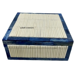 Boîte à bijoux carrée de luxe artisanale à charnières, avec incrustation de os complexe, polie, classique, élégante, vintage, pour table - Product Image 3