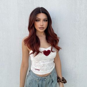 DWY T-Part Mid-Length Curly <b>Wig</b> with Dark Root Copper Orange Red Color Transparent Lace Limited to US - Product Image 5