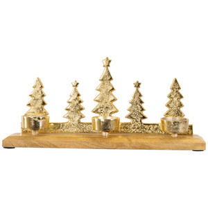 Decorative Christmas Tree Design Aluminum <b>Tealight</b> <b>Holder</b> With Wood Base For Christmas Decor & Gifting - Product Image 1