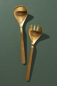 Classic vintage brass salad server <b>set</b> with antique gold finish for use in family feasts or ceremonial occasions - Product Image 3