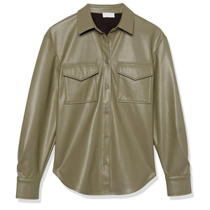 Chemise-veste en simili cuir pour femmes, boutonnée, légère, en PU, haut à manches longues, chemisier, manteau, tendance, décontractée, chemise en cuir pour femmes - Product Image 4