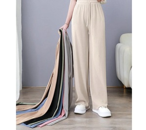 Pantalons de survêtement pour femmes, taille mi-haute, jambes larges, polyester/rayonne, plis fins, amples, droits, décontractés, pour le bureau, avec cordon de serrage, longs - Product Image 2