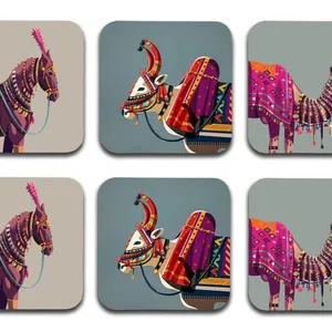 Dessous de verre en bois MDF imprimé Culture Rajasthani pour la maison et la cuisine | Décor de table à manger | Dessous de verre carrés | Objet décoratif - Product Image 1