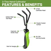 Fourche de jardin à 3 dents en acier au carbone A3 avec poignée ergonomique en PP TPR souple 290 mm