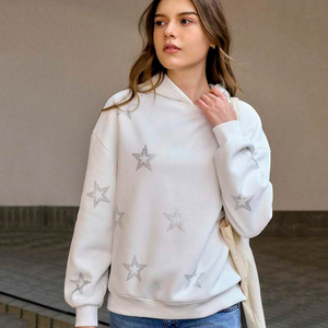 Sweat à capuche surdimensionné blanc avec étoiles et strass Pull en molleton de coton pour femmes Sweat-shirt avec logo personnalisé Streetwear Mode décontractée d'hiver - Product Image 6
