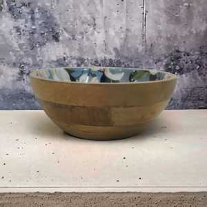 Cuencos de ensalada decorativos redondos hechos a mano, madera de mango con resina marrón Natural azul marino blanco para decoración navideña - Product Image 2