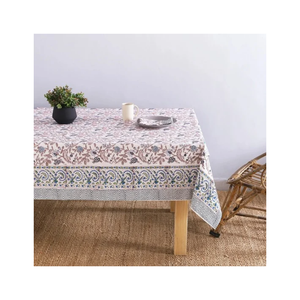 Nappe à motif de vigne verte et fleurs roses avec bordure à rayures bleues, pour salle à manger, vente en gros, production sur mesure, export textile Inde, en vrac - Product Image 3
