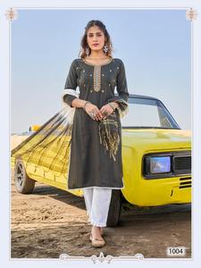 Ensemble Kurti et pantalon en viscose rayonne lourde avec dupatta en soie Chanderi, mode féminine, grossiste en Inde, exportateur mondial - Product Image 6