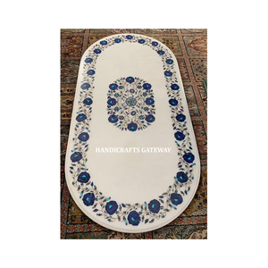 Đẹp handmade hình dạng hình bầu dục bằng đá cẩm thạch trắng với <span class=keywords><strong>Lapis</strong></span> <span class=keywords><strong>Lazuli</strong></span> hoa Inlay Thiết kế bàn cà phê hàng đầu cho nhà và khách sạn trang trí - Product Image 1