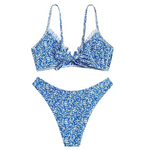 Ensemble de bikini bleu à fleurs pour femmes, haut croisé à bretelles torsadées, bas de bikini string, tissu extensible, maillot de bain 2 pièces - Product Image 5