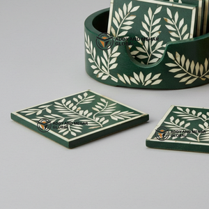 Un fournisseur indien propose un sous-verre fait main vert foncé et blanc avec incrustation d'os avec support sous-verres à motif floral - Product Image 5