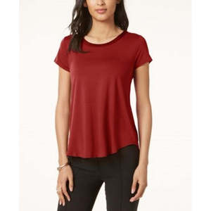 T-shirt Corta da Donna Alfani con Orlo Asimmetrico, Rosso Scuro con Finiture in Raso, Top Corto Traspirante in Poliestere, Taglia Unica Disponibile (M) - Product Image 1