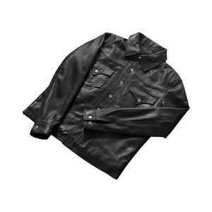 Veste en cuir véritable noire pour homme de qualité supérieure, col rabattu, fermeture à boutons, coupe classique, style automne - Product Image 1