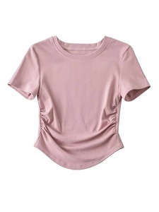 Camiseta de cuello redondo de algodón para mujer Camiseta casual de manga corta 2025 con detalle de lados apresurados - Product Image 2