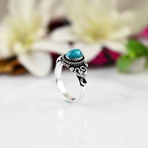 925 Sterling Silver <b>Turquoise</b> Gemstone Bezel Setting Rhodium Plated Boho Style Women's Wedding Party Gift <b>Ring</b> - Product Image 4