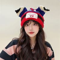 Nouveau Chapeau Unisexe en Coton Épais Tricoté à la Main, Style Coréen, Automne Hiver, Tendance, Color-Block, Motif Tissu Commun