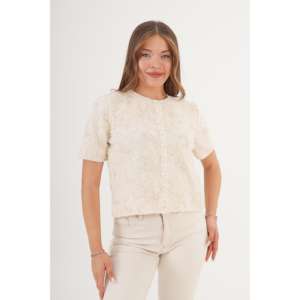 Cárdigan de Punto Beige de Manga Corta con Lentejuelas con Estampado Floral y Adornos de Tul, Elemento Floral de Moda - Product Image 6