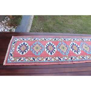 Vintage Turkish <b>Wool</b> Rug 2.6x7.7 ft (79x236 Cm) Eco-Friendly Patchwork Design with <b>Red</b> and Blue Plants & Trees Latex Backing - Product Image 5