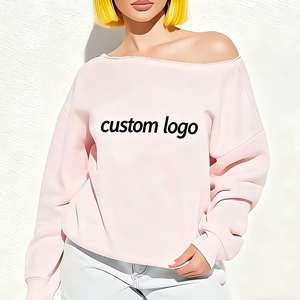 Custom Soft Pink Polyester Fleece Baggie Pullover Shoulder Crew Neck <b>Sweatshirt</b> <b>Embroidery</b> Design Women's Autumn Winter - Product Image 2