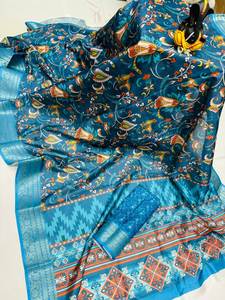 ส่าหรีผ้าไหมพิมพ์ลายดิจิตอลหลากสีสวยงามมีขอบ kanchi - Product Image 5