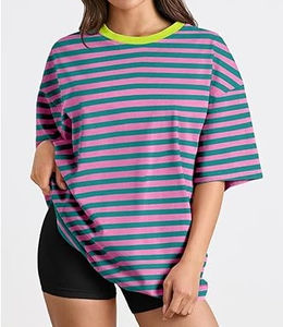 Latest Design Stripes Oversized T-<b>Shirt</b> Drop Shoulder Loose Fit <b>Baggy</b> Plus Size Fashion Pattern Summer <b>Women</b> Breathable T <b>Shirts</b> - Product Image 3