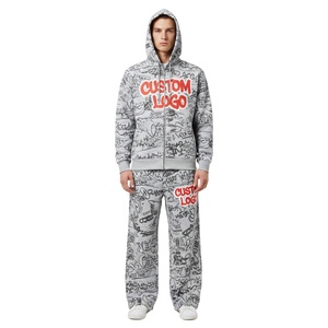 Custom French Terry Zip up Fleece Heavyweight All Over Screen Print <b>Set</b> All Over Printing Baggy Cotton Sweatsuit 2026 - Product Image 1