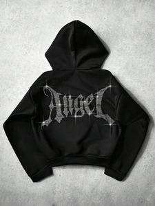 Lujo invierno Rhinestone Crop Hoodie mujeres de gran tamaño brillo cristal pulóver frente Logo Casual Street Style Outfit - Product Image 3