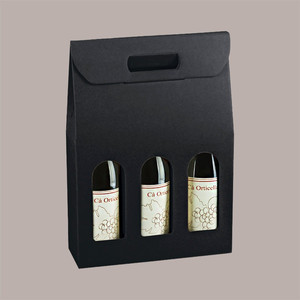 Black Kraft Graphic Cardboard 3-Bottle Case Box Handle UV for 750 ml Oil <b>Wine</b> 270x90H385 mm 10 Pieces 3 Bottle Case Box for 750 - Product Image 1