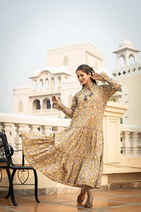 100% Cotton <b>Indian</b> Clothing Hand Block <b>Printed</b> Mustard Gray Floral Maxi <b>Dress</b> Tassel Tie Neck Flared Full Sleeve Casual <b>Dress</b> - Product Image 6