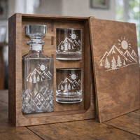 Set de Whisky al por Mayor con Decantador y Vasos, Caja de Regalo de Madera, Set de Whisky Grabado con Montaña para Hombres, Bar en Casa