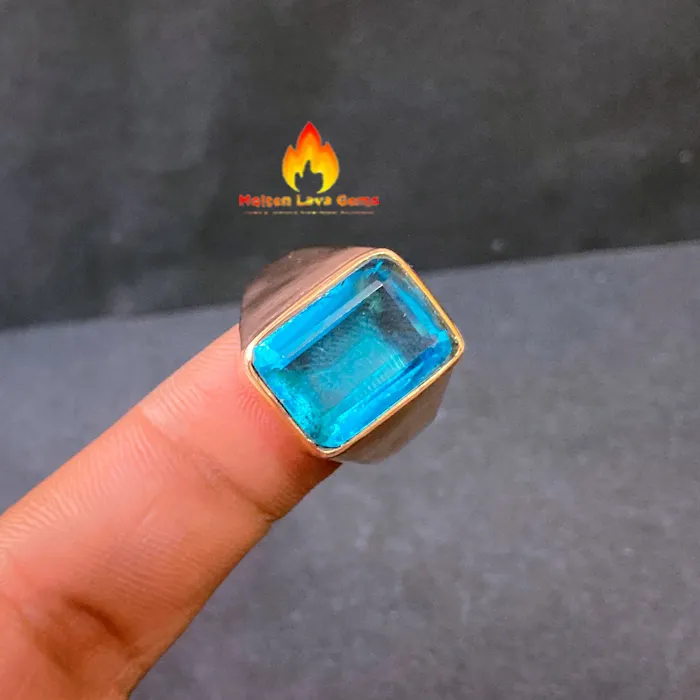 Blue Topaz Zircon Men's Ring Natural Gemstones Silver Plated Brass Rings Oxidized Stone Ring Wholesale Fine Crystal Jewelry