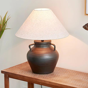 Vintage Art Deco <b>Table</b> Lamp Minimalist White Fabric Ceramic Base Black Old Wine Pot Decorative Wood <b>Plant</b> Electric for Living - Product Image 1