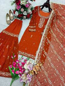 Lancement d'un nouveau design tendance : Ensemble Top, Sarara et Dupatta en Georgette de renard, prêt à porter, look design - Product Image 2