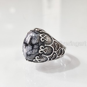 Bague en argent sterling 925 pour homme, pierre précieuse naturelle obsidienne flocon de neige, pierre de naissance, toutes tailles, bijoux de fête arabe, vente en gros - Product Image 2