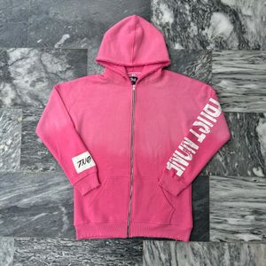 Sweat à capuche Magenta brodé Acid Wash Sweat-shirt zippé 100% coton avec ourlet vieilli - Product Image 1