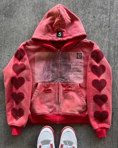 Conjunto de Sudadera con capucha de rizo de algodón estampado DTG personalizado agujero desgastado costura inversa chándal lavado con ácido apliques bordados chándales - Product Image 2