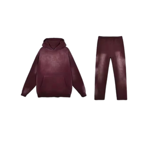 Ensemble survêtement pour homme en molleton vintage, sweat-shirt à capuche délavé à l'acide marron, pantalon droit, tenue minimaliste streetwear pour l'hiver - Product Image 1
