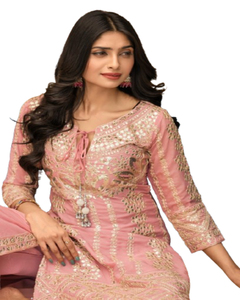 Fournisseur en gros indien de costumes Salwar Kameez pour femmes pakistanaises, ensemble en tissu Georgette, dentelle longue, occasions décontractées, 100% satin de soie - Product Image 1