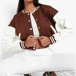 2025 patchs de broderie personnalisés femmes recadrée noir Varsity Jacket OEM manches en cuir collège Baseball Bomber Jacket - Product Image 4